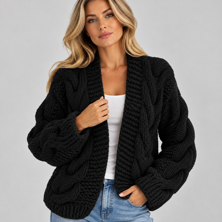 Cardigan dame i oversized grovstrik med åben front