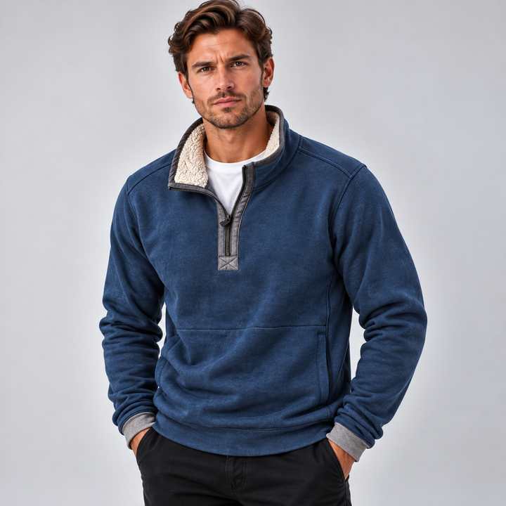 Herre pullover med kvart lynlås og fleeceforet krave