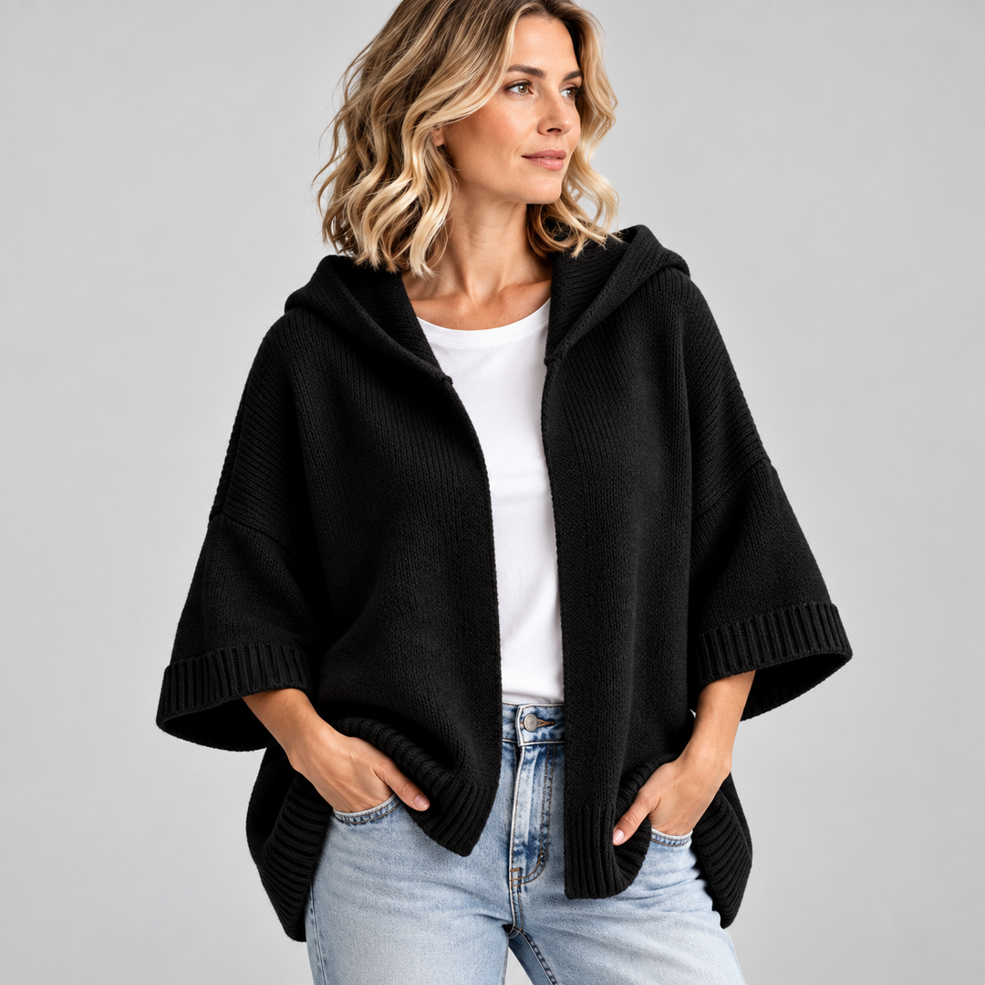 Dame strikponcho med hætte oversized pasform og åben front