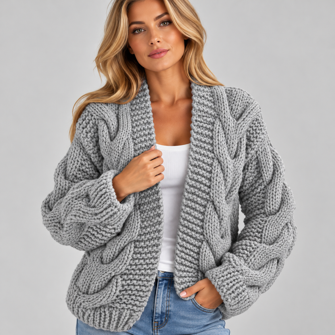 Cardigan dame i oversized grovstrik med åben front