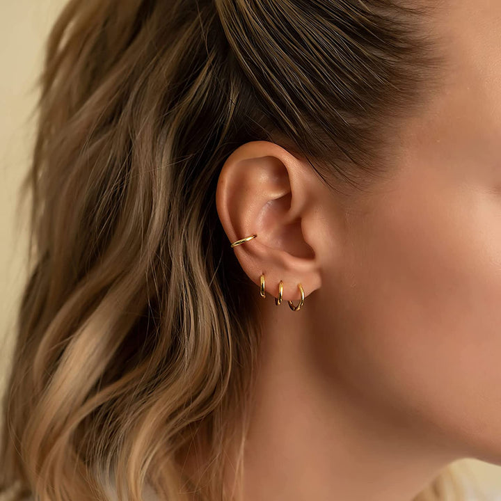 Gold-Plated Round Hoop Earrings (Set of 3 Pairs) - 8mm, 10mm, and 12mm
