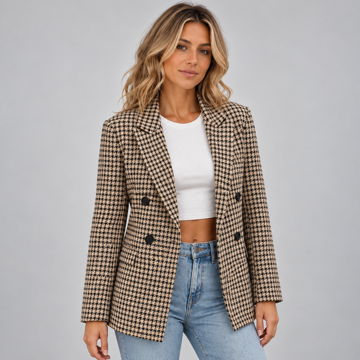 Dame blazer med hundetandsmønster og dobbeltradet design