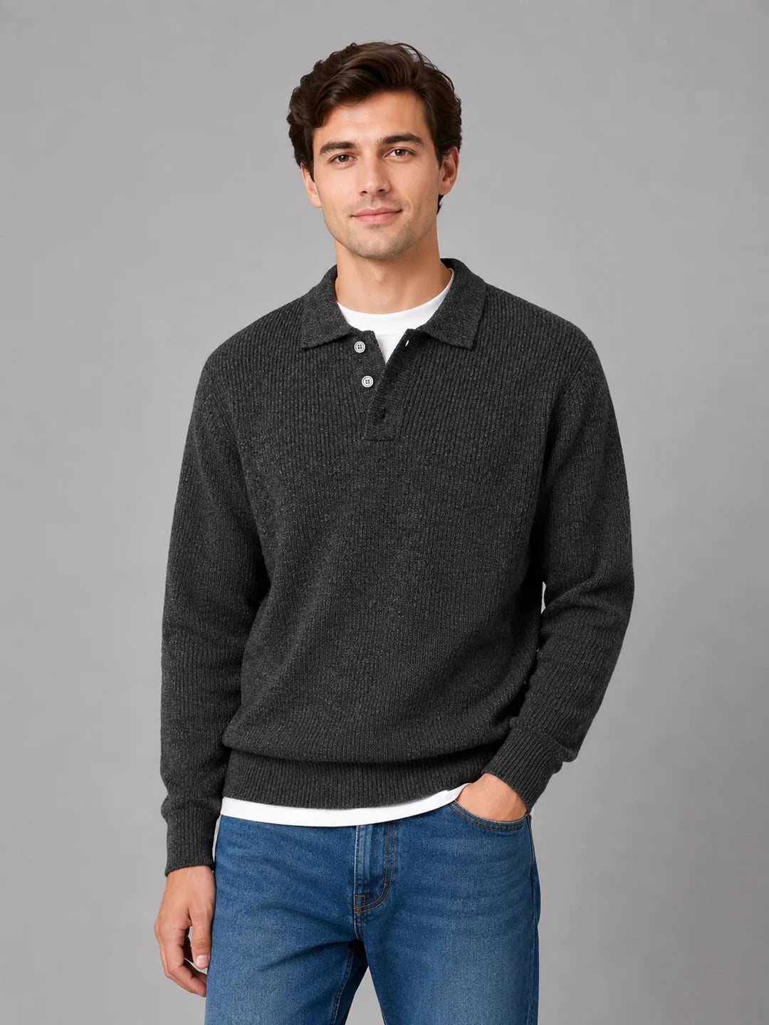 Herre knap polo strikbluse – let sweater med krave