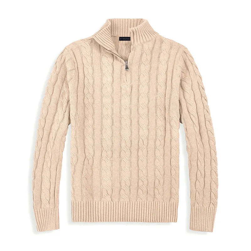 Herre bomulds cable knit sweater med kort lynlås