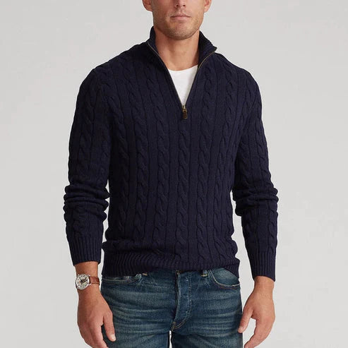 Herre bomulds cable knit sweater med kort lynlås