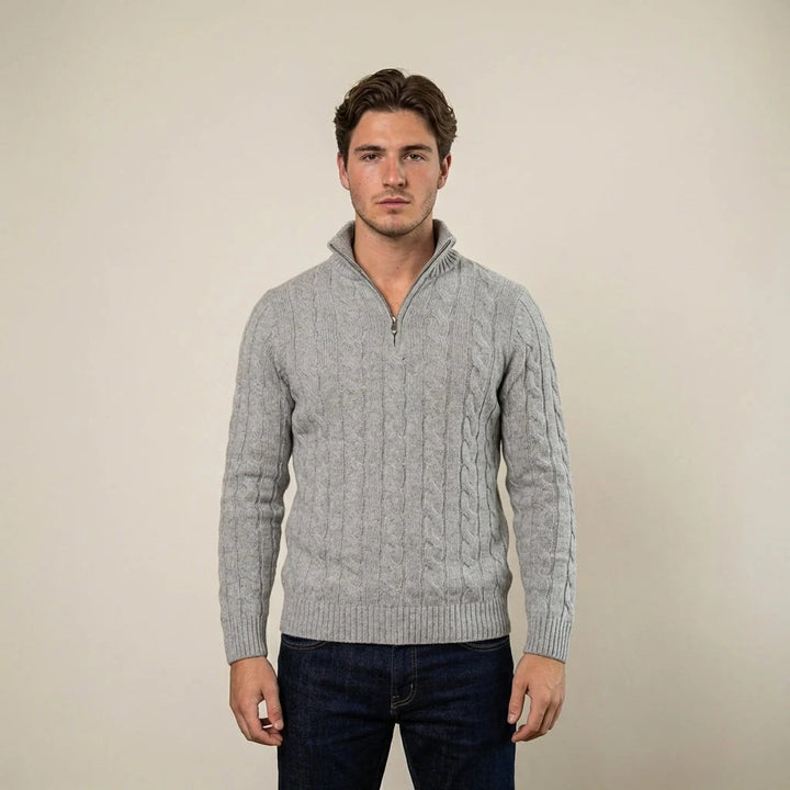 Herre bomulds cable knit sweater med kort lynlås