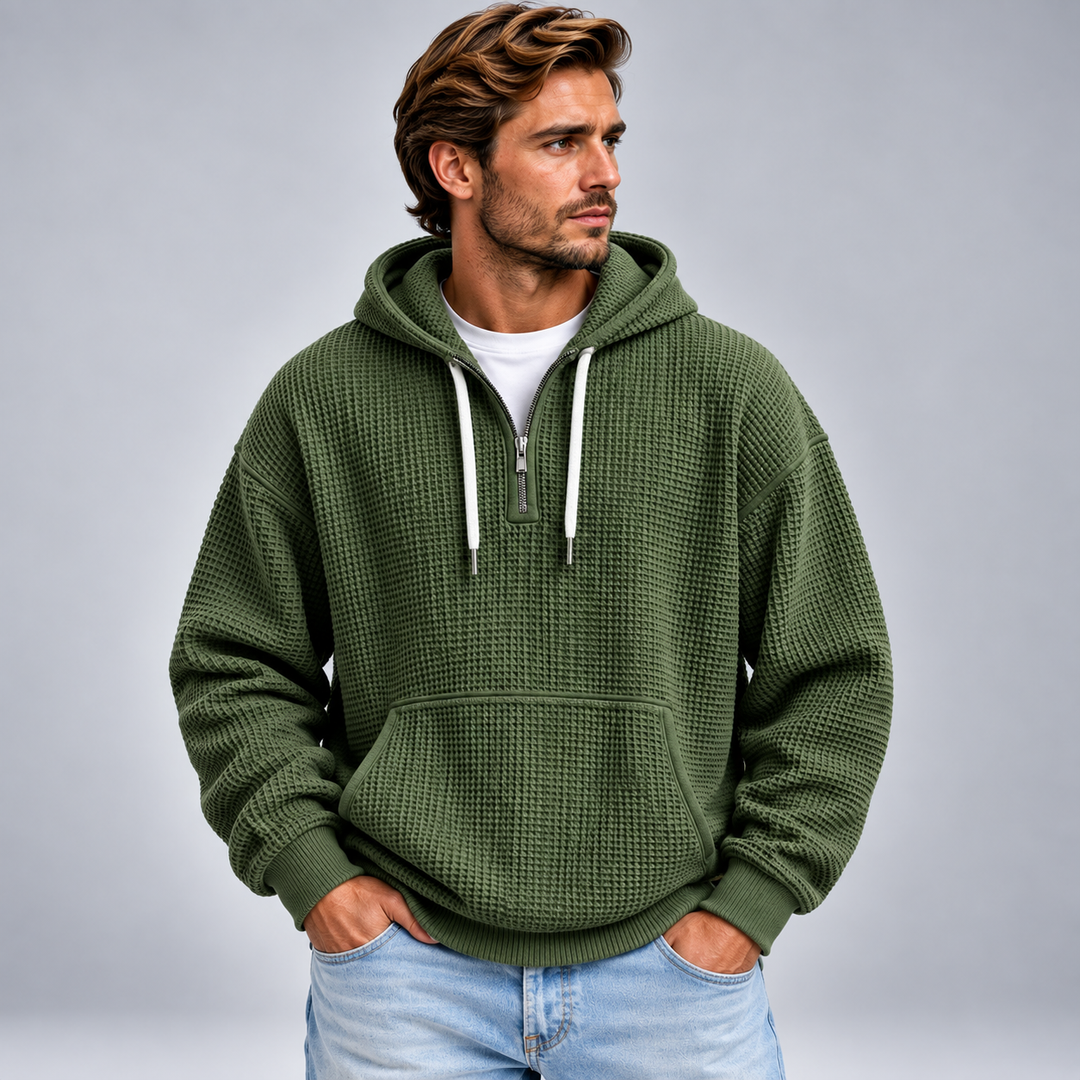 Herre half-zip hættetrøje med tekstur og relaxed fit