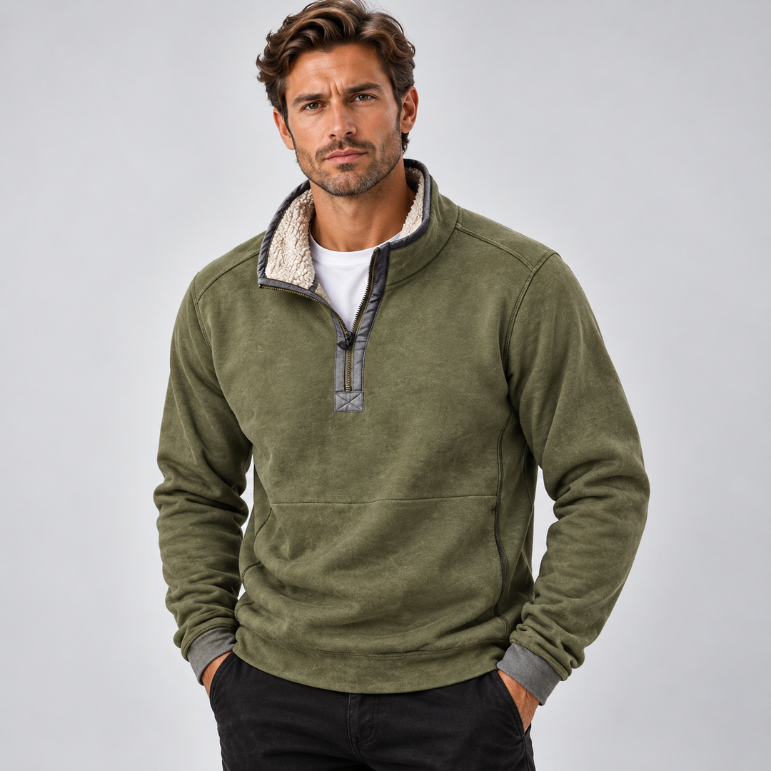 Herre pullover med kvart lynlås og fleeceforet krave