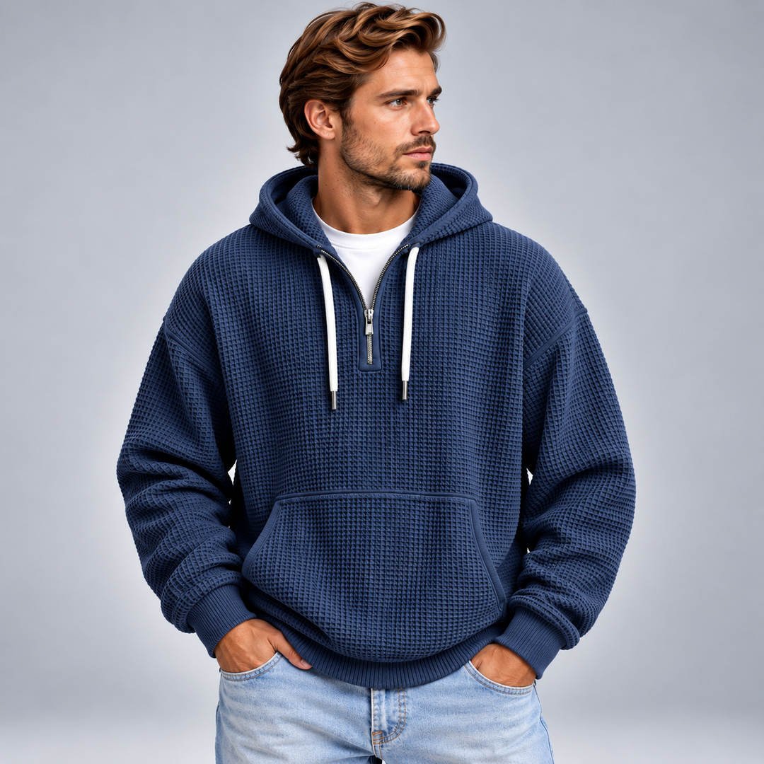 Herre half-zip hættetrøje med tekstur og relaxed fit