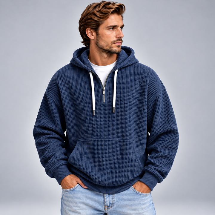 Herre half-zip hættetrøje med tekstur og relaxed fit