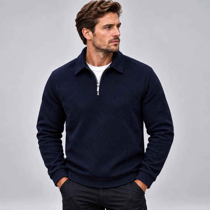 Herre pullover med polokrave halv lynlås og struktureret mønster