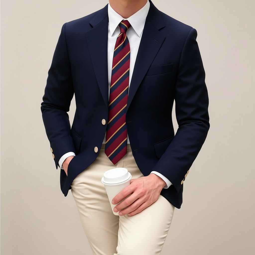 Herre i marineblå blazer med guldfarvede knapper og beige bukser