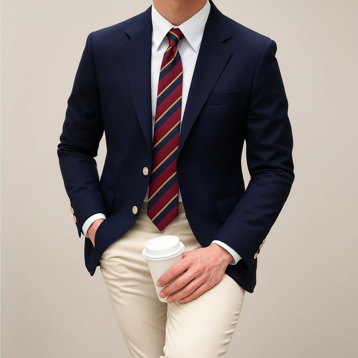 Herre i marineblå blazer med guldfarvede knapper og beige bukser