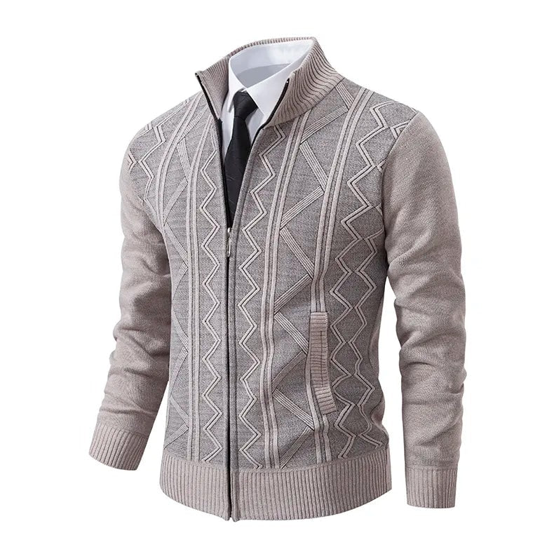 Beige cardigan herre med mønstret strik og ståkrave
