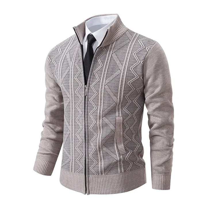 Beige cardigan herre med mønstret strik og ståkrave