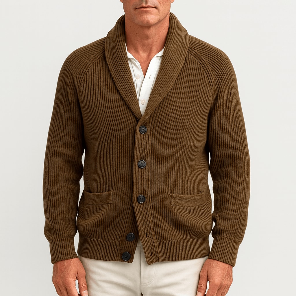 Brun cardigan herre med sjalskrave og knaplukning