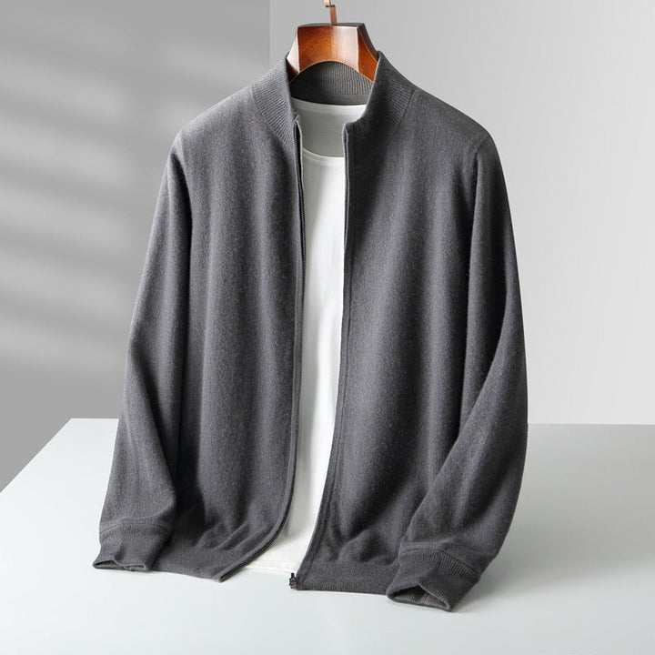 Cardigan til herre i cashmere med lynlås og høj krave