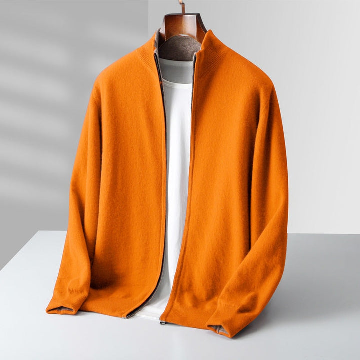 Orange cardigan til herre i cashmere med lynlås på bøjle