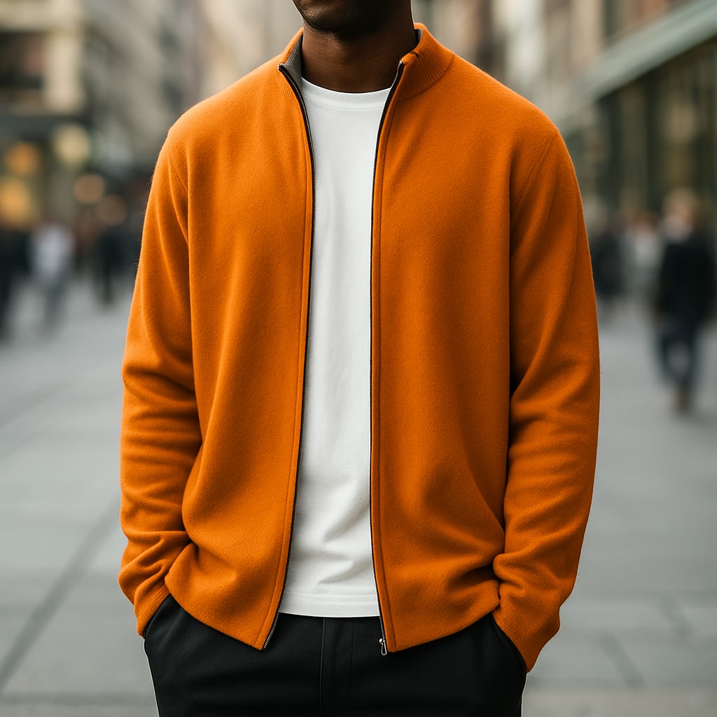 Mand i orange cardigan med lynlås og høj krave over hvid t-shirt