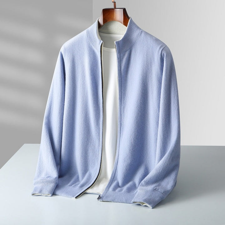 Cardigan til herre i cashmere med lynlås og høj krave