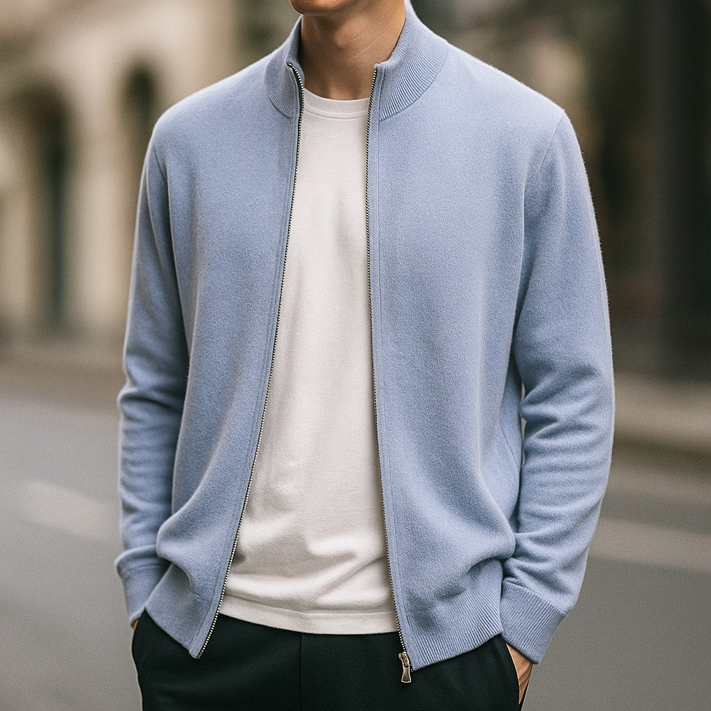 Cardigan til herre i cashmere med lynlås og høj krave