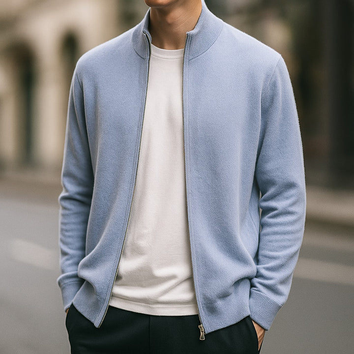 Cardigan til herre i cashmere med lynlås og høj krave