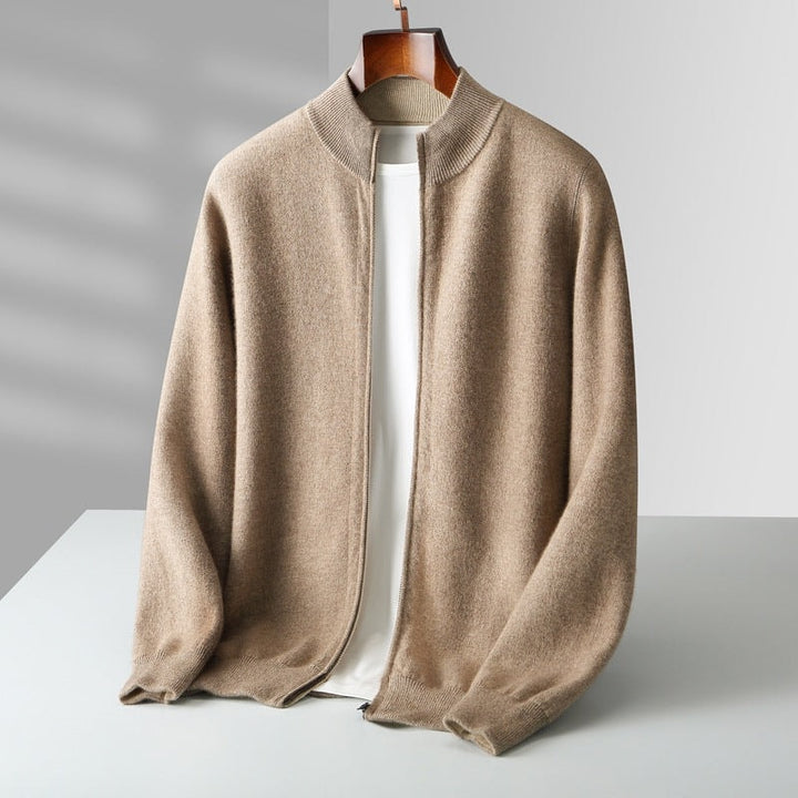 Cardigan til herre i cashmere med lynlås og høj krave