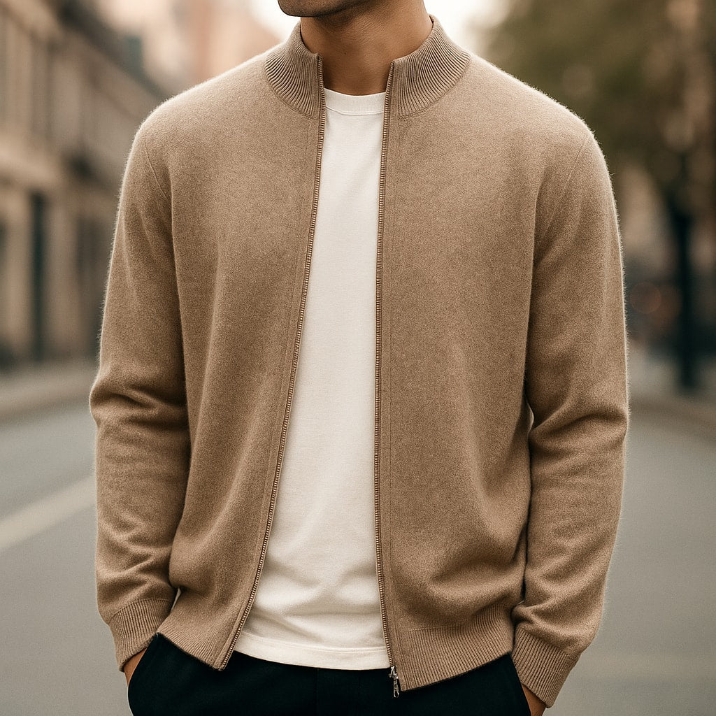 Cardigan til herre i cashmere med lynlås og høj krave