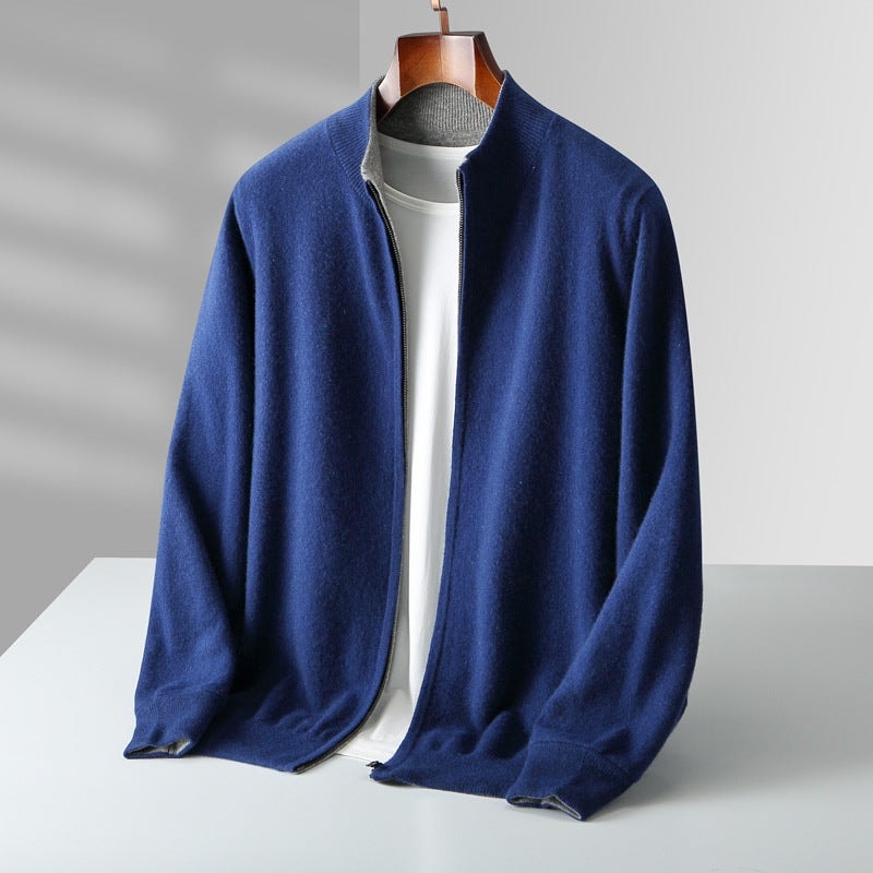 Cardigan til herre i cashmere med lynlås og høj krave
