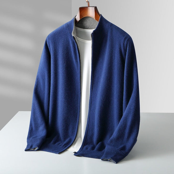 Cardigan til herre i cashmere med lynlås og høj krave