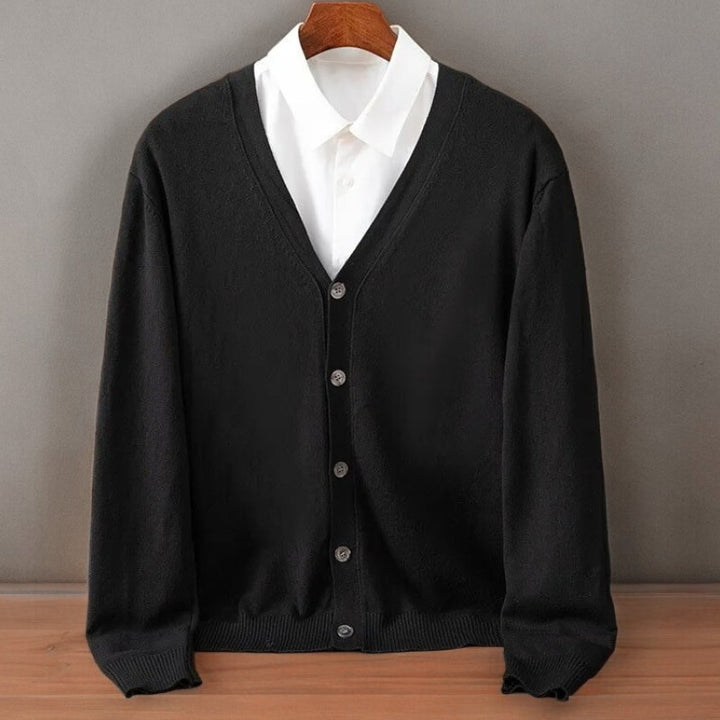 Sort herre cardigan i cashmeremix med knapper og V-hals