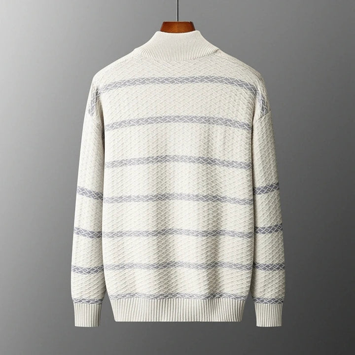 Bagside af cardigan til herre med struktureret stribet strik