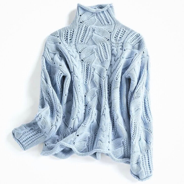 Blå cashmere striktrøje til damer med kabelstrik og rullekrave