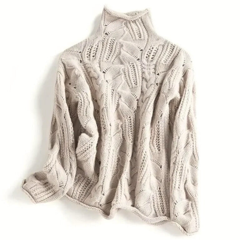 Beige cashmere striktrøje til damer med åbent kabelstrik og rullekrave