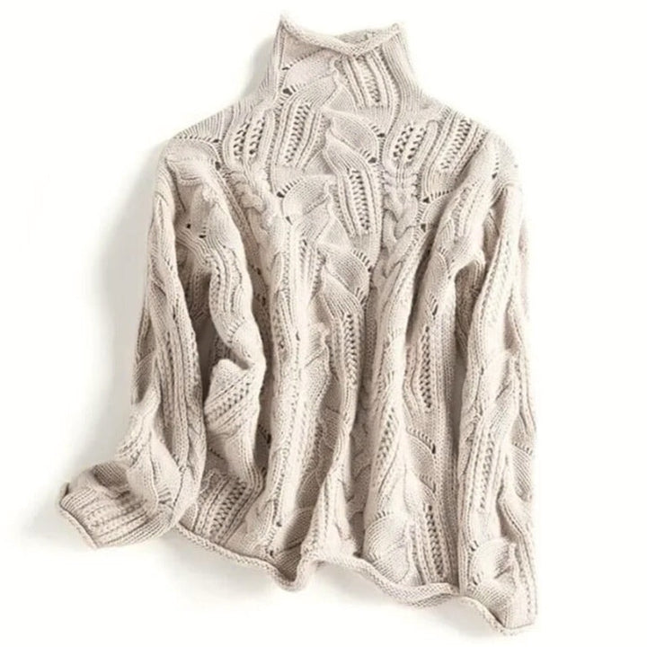 Beige cashmere striktrøje til damer med åbent kabelstrik og rullekrave