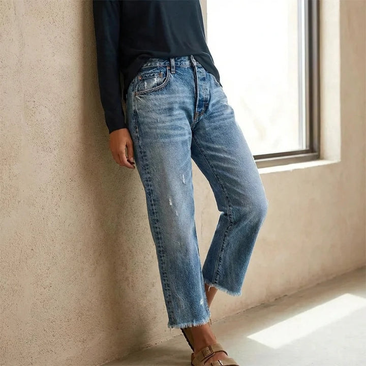 Retro jeans dame i lys denimvask med flossede kanter