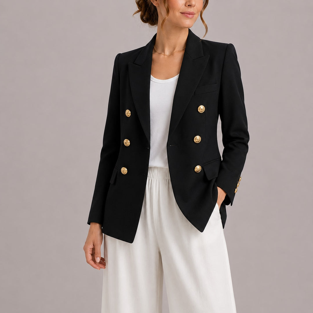 Sort figursyet dobbeltradet blazer dame med guldknapper
