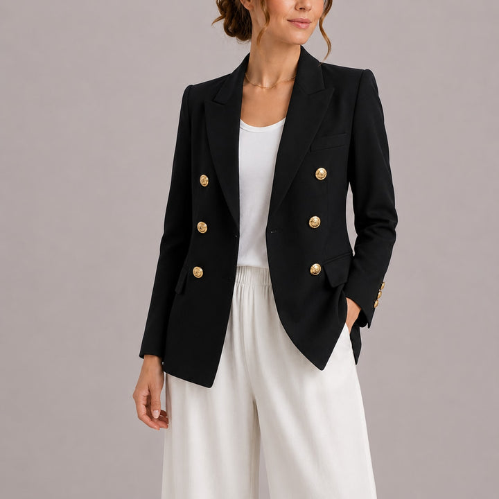 Sort figursyet dobbeltradet blazer dame med guldknapper