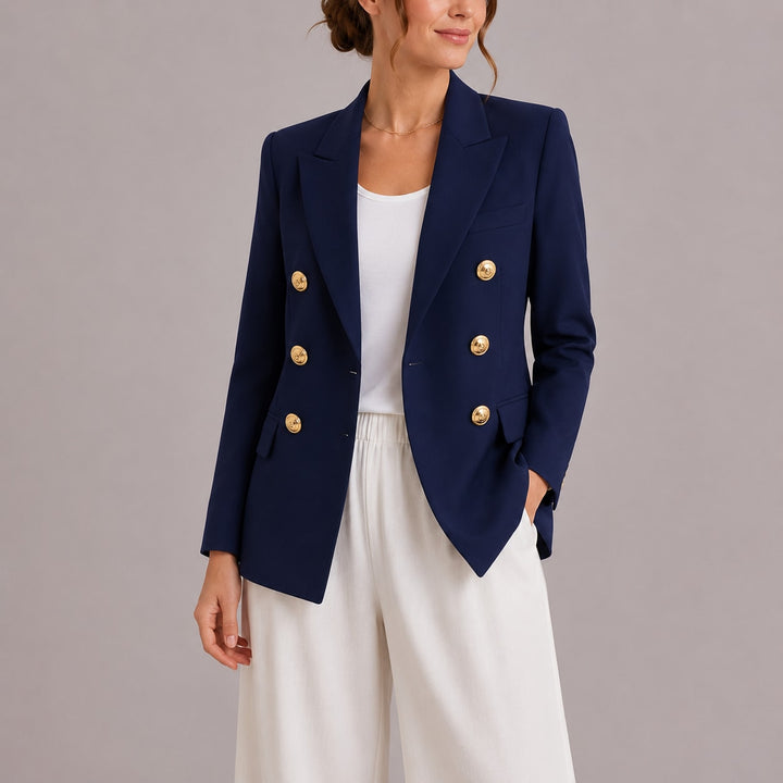 Marineblå dobbeltradet blazer dame med guldfarvede knapper