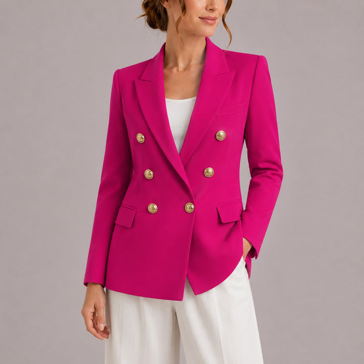 Pink dobbeltradet blazer dame med guldfarvede knapper