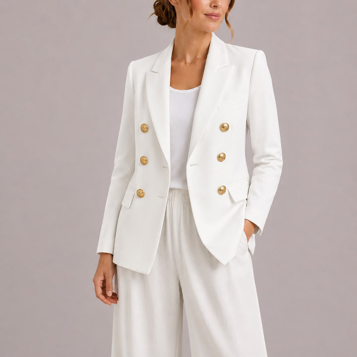 Figursyet blazer dame med guldknapper, dobbeltradet