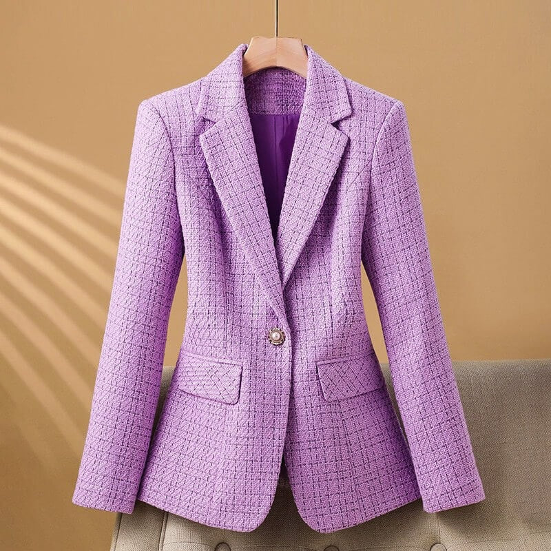 Blazer donna sciancrato lavanda a quadri in tweed con bottone di perla