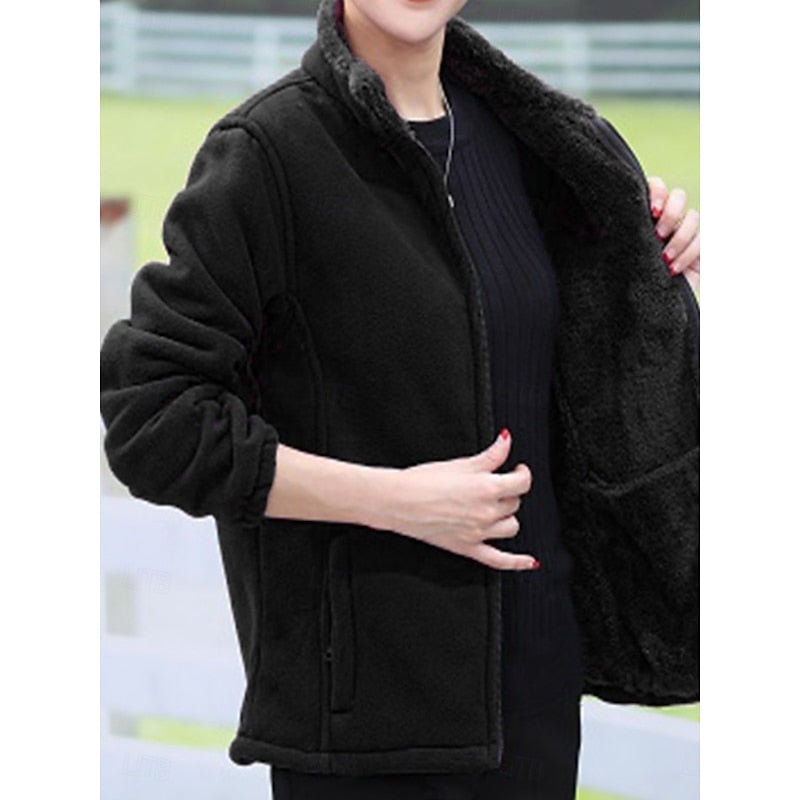 Sort fleece jakke dame med lynlås og lommer