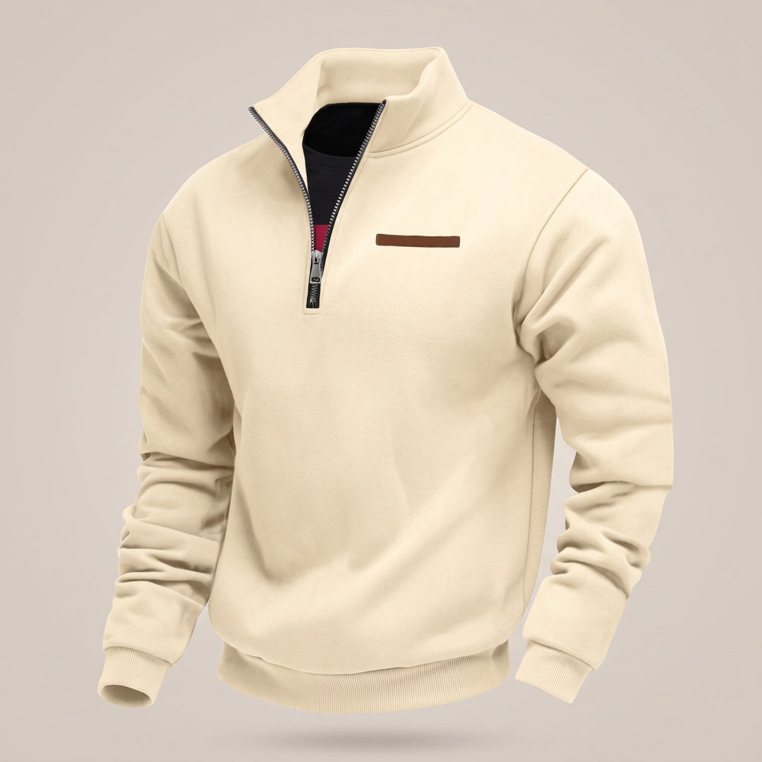 Beige half zip trøje herre med ribkanter og lille læderdetalje
