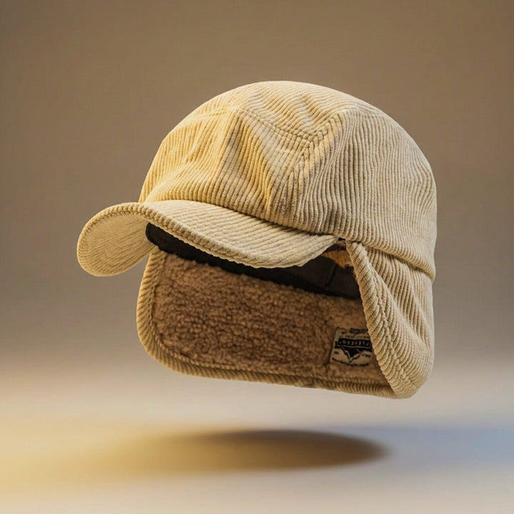 Cremebeige vinterkasket i fløjl med foldbare øreklapper