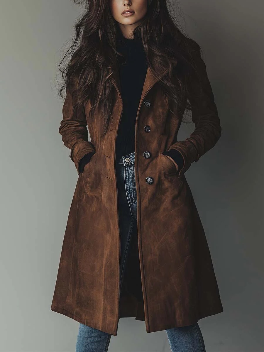 Brun halvlang trenchcoat dame i ruskind med knapper, set forfra