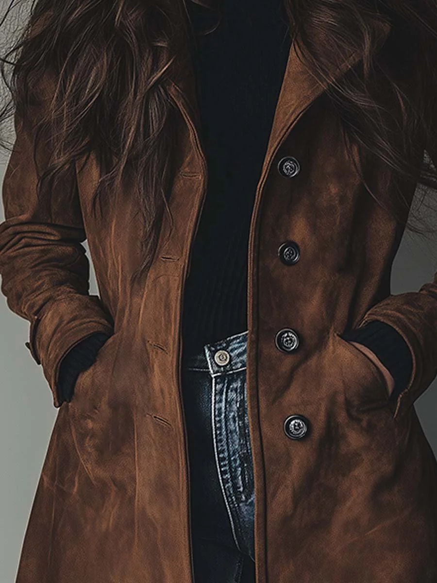 Detalje af revers og knapper på brun trenchcoat i ruskind