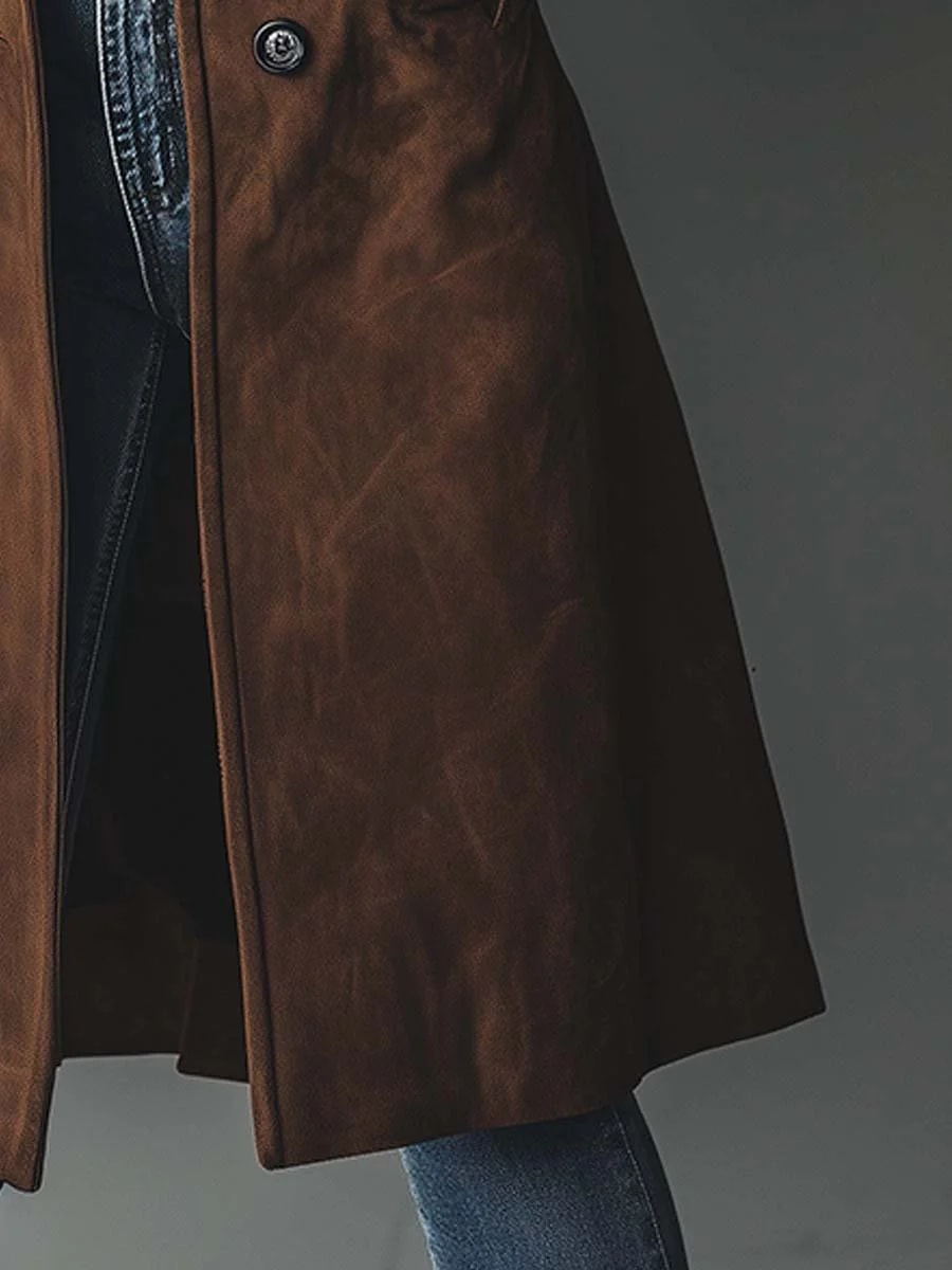 Detalje af nederste del af brun halvlang ruskindstrenchcoat