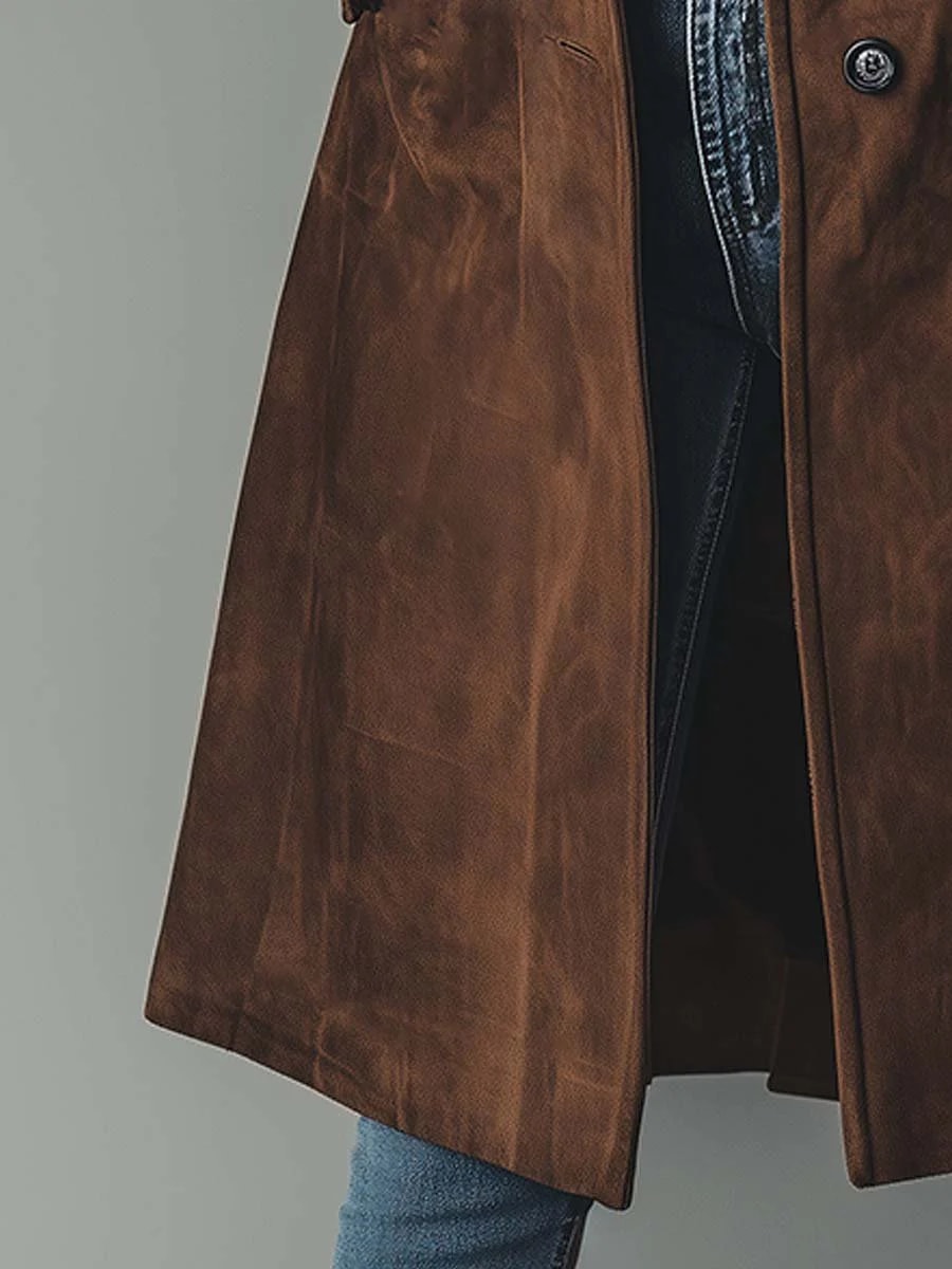 Halvlang trenchcoat dame i ruskind med knapper – Brun