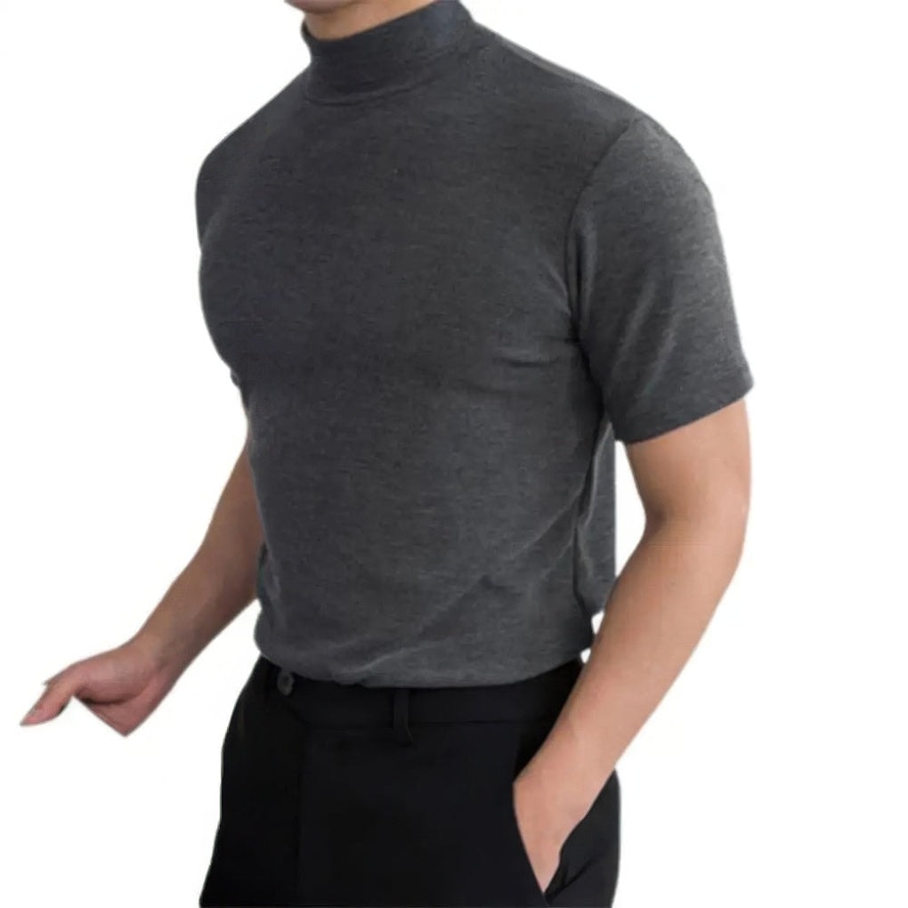 Grå herre t shirt med høj hals og korte ærmer